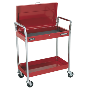 The Sealey Trolley 2-Level Heavy-Duty with Lockable Top - CX104, featuring an open top section, lockable top, lower shelf, and four caster wheels, is perfect for any workspace with its impressive 80kg capacity.