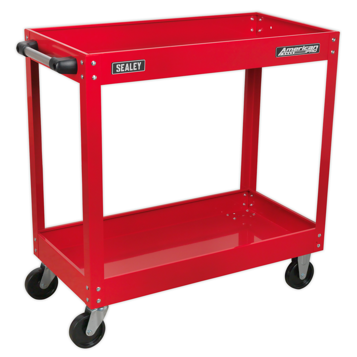 A red, two-shelf Sealey Workshop Trolley 2-Level Heavy-Duty - CX105 with a black handle and four black wheels, perfect for organizing your power tools in the workshop.