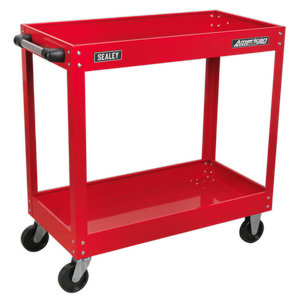 A red, two-shelf Sealey Workshop Trolley 2-Level Heavy-Duty - CX105 with a black handle and four black wheels, perfect for organizing your power tools in the workshop.