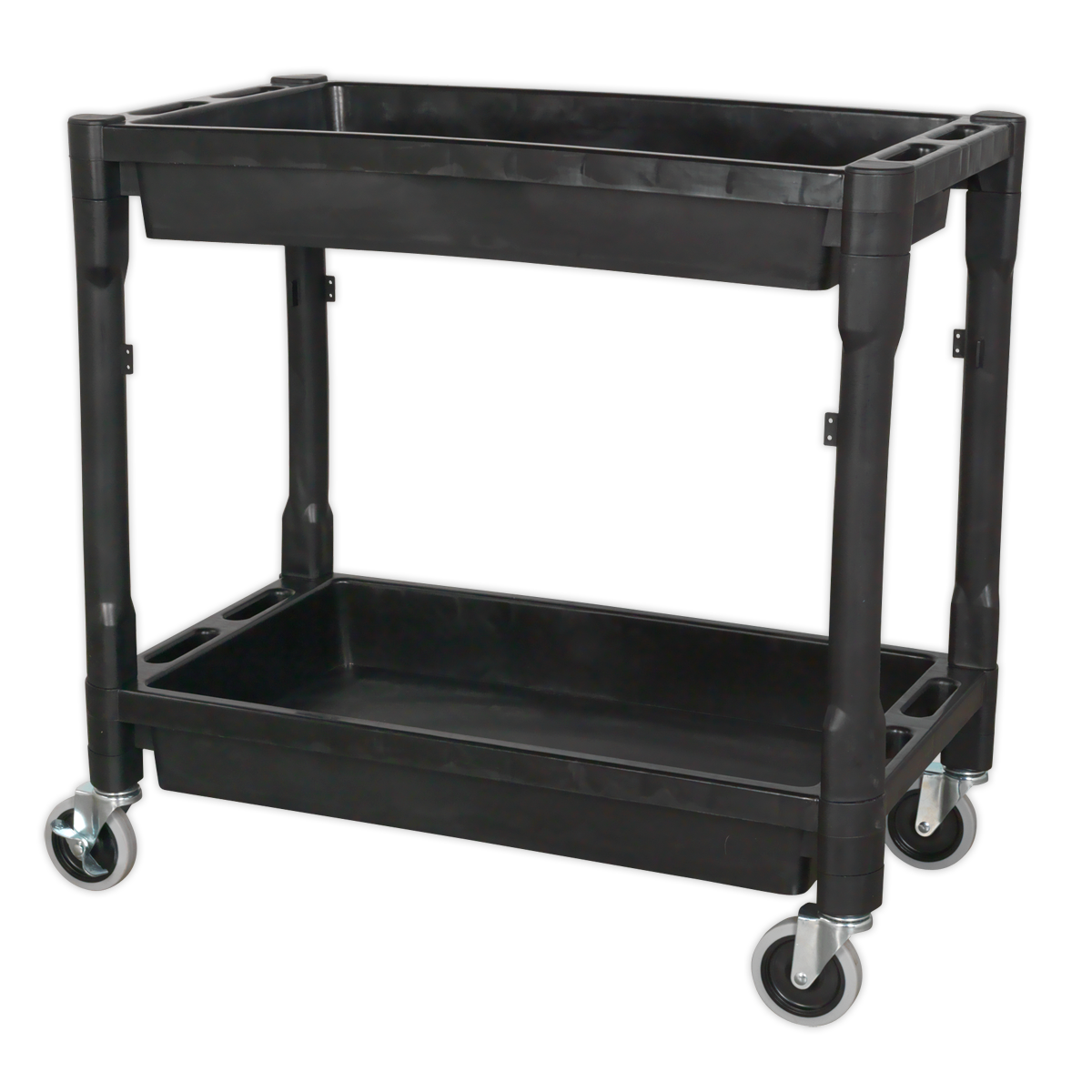 The Sealey Trolley 2-Level Composite Heavy-Duty - CX204 is a robust garage trolley constructed from impact-resistant plastic, designed with a black, two-tiered structure and equipped with four swivel castor wheels.