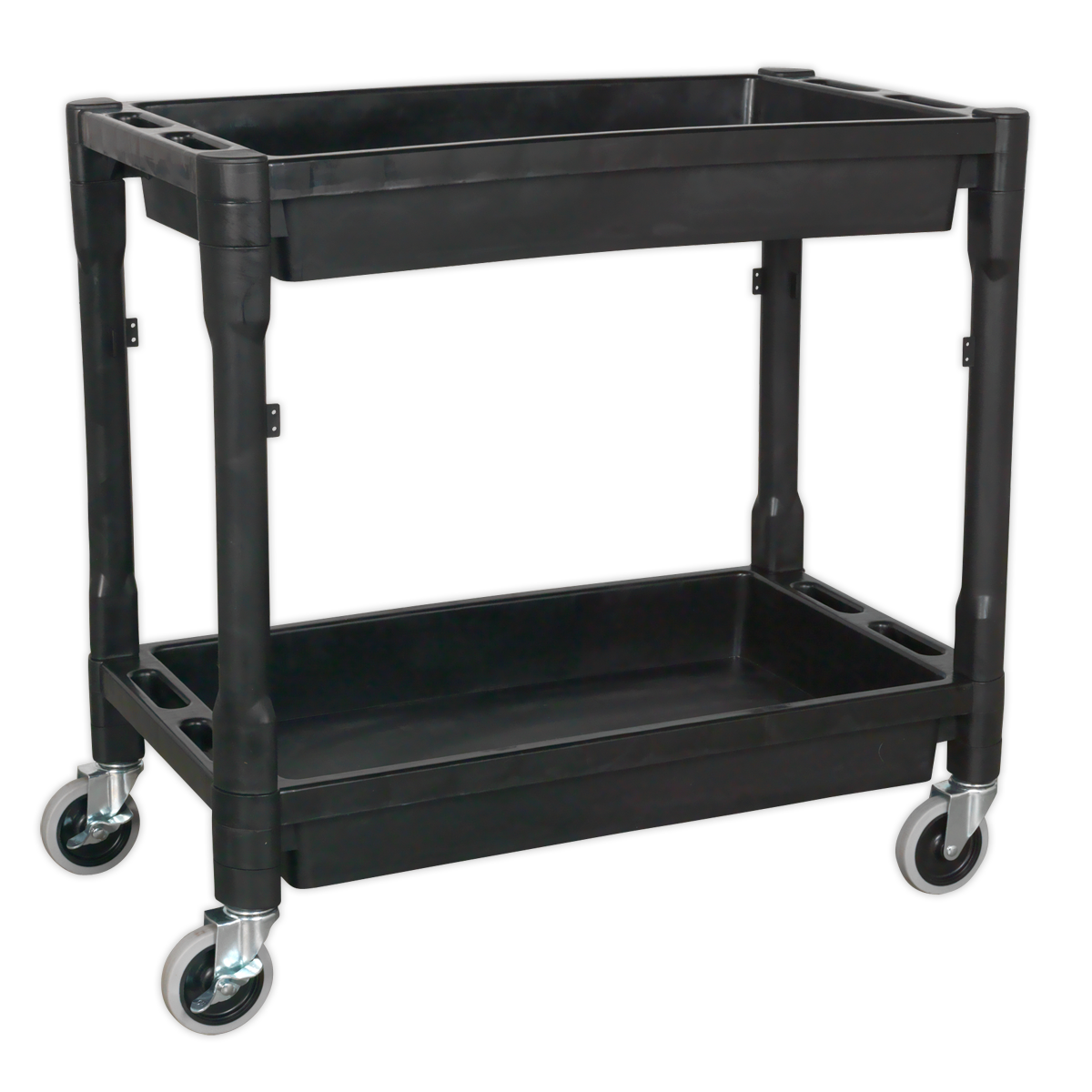 The Sealey Trolley 2-Level Composite Heavy-Duty - CX204 is a black, two-shelf garage trolley featuring four swivel castor wheels. Designed for transporting or storing items, this cart is made of impact-resistant plastic and boasts a simple yet functional design perfect for any workspace.