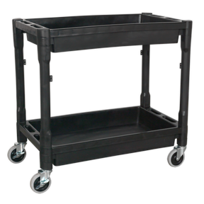 The Sealey Trolley 2-Level Composite Heavy-Duty - CX204 is a black, two-shelf garage trolley featuring four swivel castor wheels. Designed for transporting or storing items, this cart is made of impact-resistant plastic and boasts a simple yet functional design perfect for any workspace.