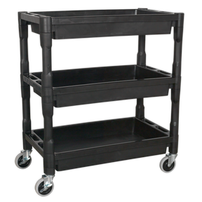 The Sealey Trolley 3-Level Composite Heavy-Duty - CX205 is a black three-tier garage trolley constructed from impact-resistant plastic, equipped with swivel castor wheels for effortless maneuverability.