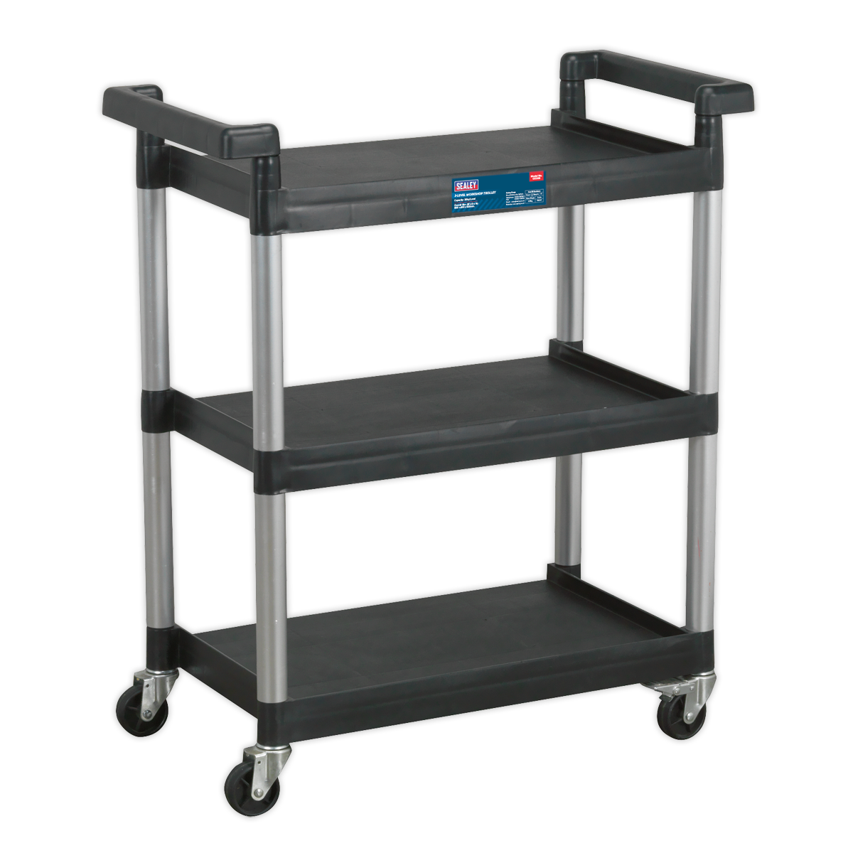 The Sealey Workshop Trolley 3-Level - 3 Wall - CX308 is a black utility cart featuring three tiers, four wheels, and sturdy metal supports, making it ideal for use in a garage workshop for transporting items.