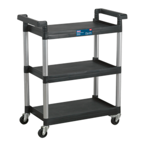 The Sealey Workshop Trolley 3-Level - 3 Wall - CX308 is a black utility cart featuring three tiers, four wheels, and sturdy metal supports, making it ideal for use in a garage workshop for transporting items.