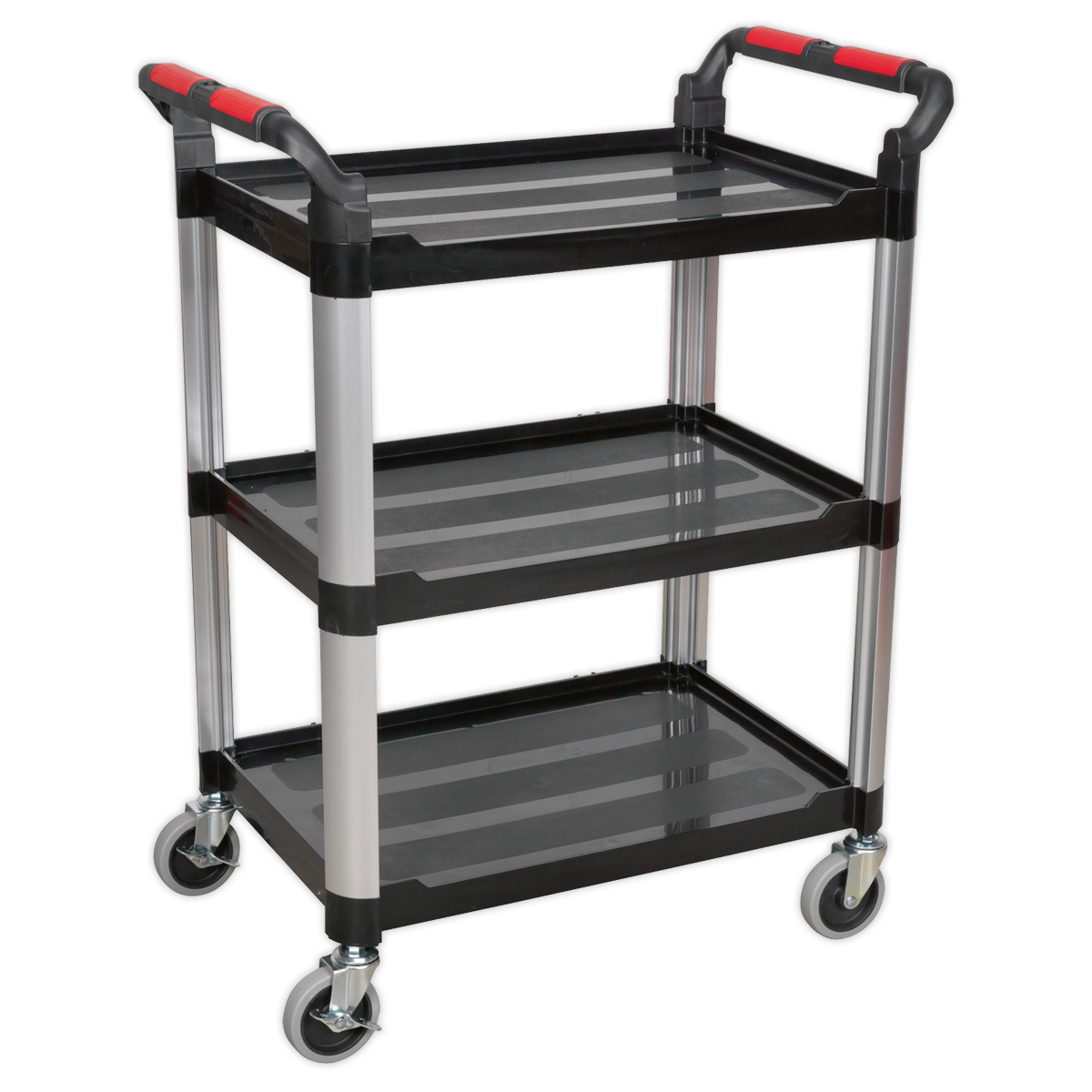 The Sealey Workshop Trolley 3-Level Composite - 3 Wall - CX309 features black shelves, silver legs, and red-tipped handles, designed to serve as a janitorial trolley. Each of its three tiers supports up to 40kg, and the trolley is equipped with four caster wheels for effortless mobility.