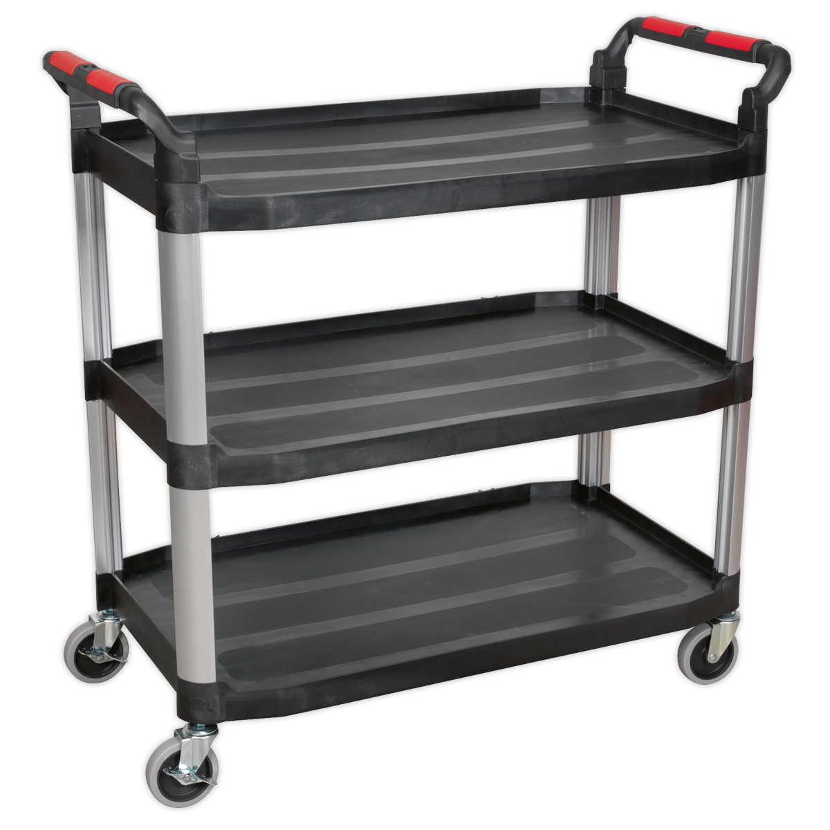 The Sealey Workshop Trolley 3-Level Composite - 3 Wall - CX310 features three black shelves, silver supports, and red handles on four large castors, making it an ideal choice as a versatile garage workshop trolley or janitorial trolley.