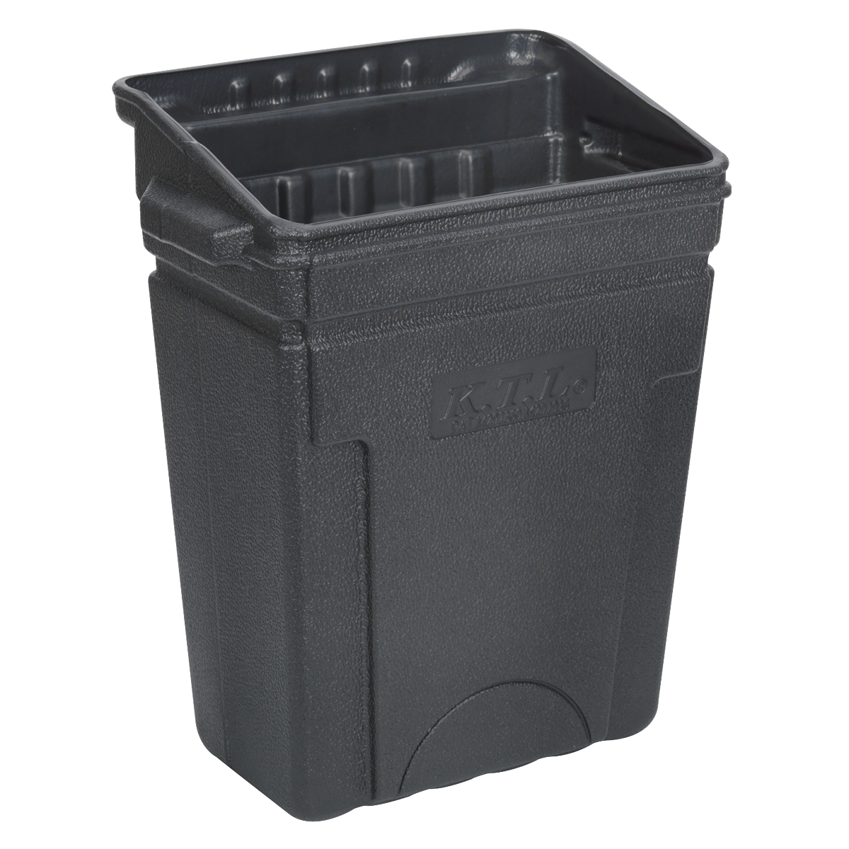 A strong, lightweight waste bin, the black rectangular storage container features textured sides and a label reading "Sealey." Perfect for workshop trolleys, this essential Model CX312 bin ensures organization and efficiency.