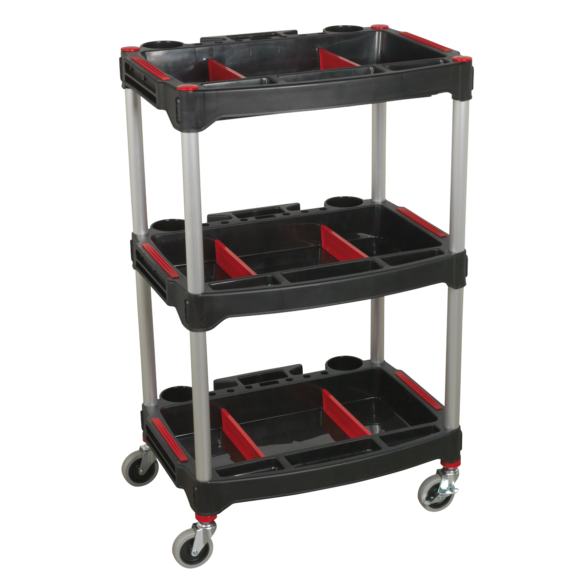 Introducing the Sealey Workshop Trolley 3-Level Composite with Parts Storage - CX313, a sleek black and red trolley featuring three-tier shelves, robust aluminium corner posts, and silver metal legs. Designed for easy mobility with swivel casters.