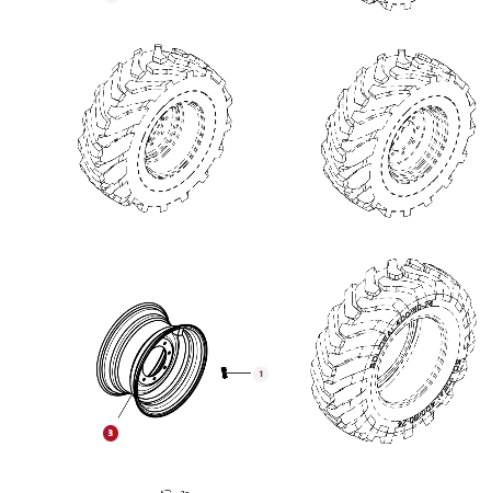 A black-and-white diagram showing four tires and one AGCO Wheel Rim - 3970238M1, labeled "3." The diagram appears to be part of an instructional or assembly guide for the MF 8043.