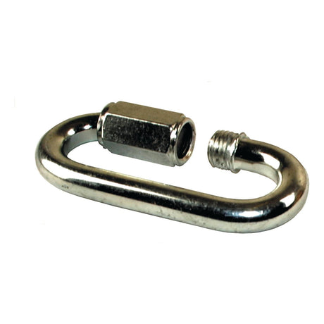A metal carabiner with a screw-lock mechanism is partially opened, revealing the threaded section and attached to a sturdy Chain Quick Link Ø14mm (Sparex Part No. S.2844) from Sparex.