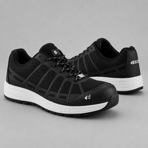 A pair of black protective work shoes with white midsoles, shown from the side and back on a neutral gray background.