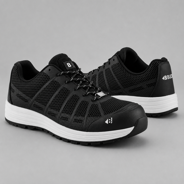 A pair of black protective work shoes with white midsoles, shown from the side and back on a neutral gray background.