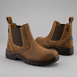 A pair of brown Chelsea-style work boots with dark elastic side panels and thick black soles, photographed on a neutral gray studio background.