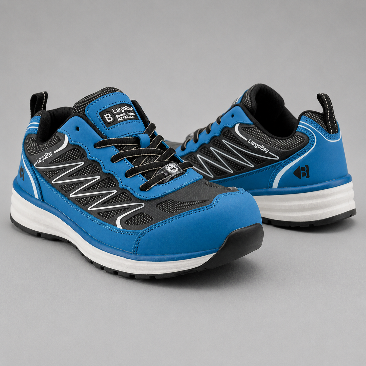 A pair of blue and black athletic sneakers with white accents, displayed on a neutral gray background. The brand name 'Largipat' is visible on the tongue and side of the shoe.