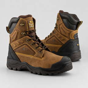 A pair of brown and black high-top work boots with yellow accents, shown on a light gray background. The brand 'K-Spec' is visible on the tongue label.