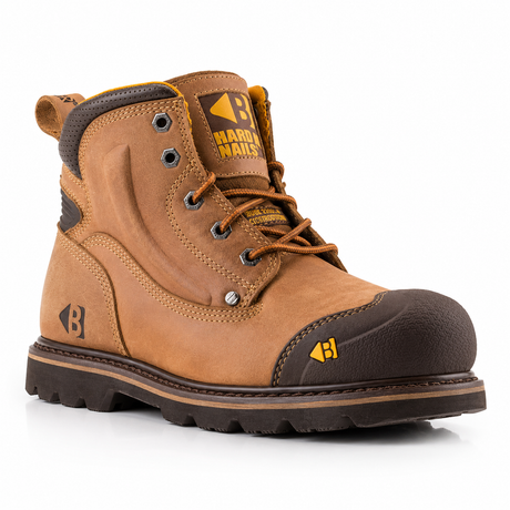 A tan and brown leather work boot with a dark brown toe cap and sole, featuring the Harri Nails brand logo on the tongue and side.