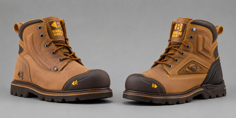 A pair of tan and brown work boots with dark brown toe caps and soles, displayed side-by-side against a neutral gray background.