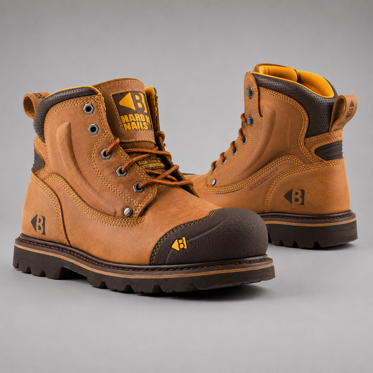 A pair of brown leather work boots with dark brown rubber toe caps and soles, featuring yellow and black branding on the tongue and side, set against a neutral gray background.