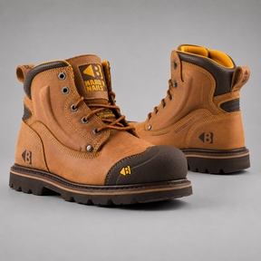 A pair of brown leather work boots with dark brown rubber toe caps and soles, featuring yellow and black branding on the tongue and side, set against a neutral gray background.