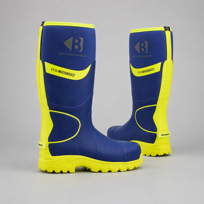 A pair of blue and neon yellow rubber safety boots with the brand name 'Blackroute' and logo visible on the side, set against a neutral gray background.