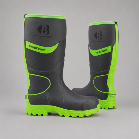 A pair of dark gray and neon green safety boots on a neutral gray background. The boots feature a black and gray upper with bright neon green accents on the collar, side panels, and sole, and a black logo with the text 'B' and 'SAFETY IN RESPONSIBILITY' on the front.