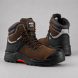 A pair of Nubuck high-top safety boots in brown and black, shown from the side and back angles on a neutral gray background.