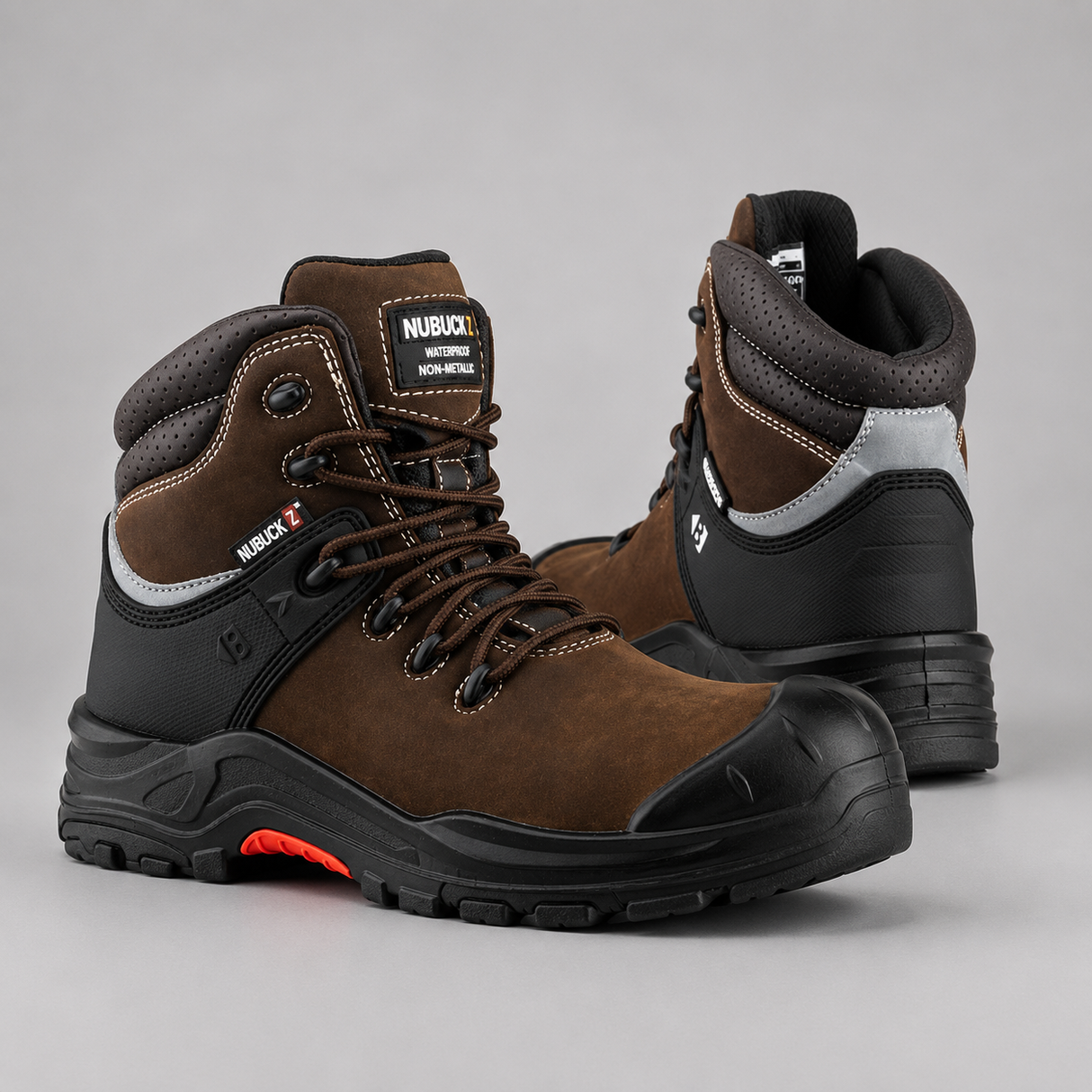 A pair of Nubuck high-top safety boots in brown and black, shown from the side and back angles on a neutral gray background.