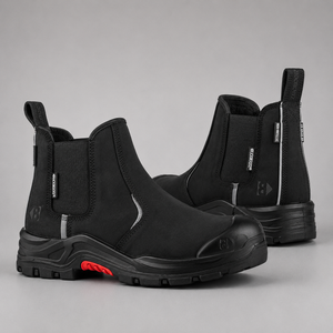 A pair of black Chelsea-style work boots with elastic side panels, a protective toe cap, and a rugged sole, shown on a neutral gray background.