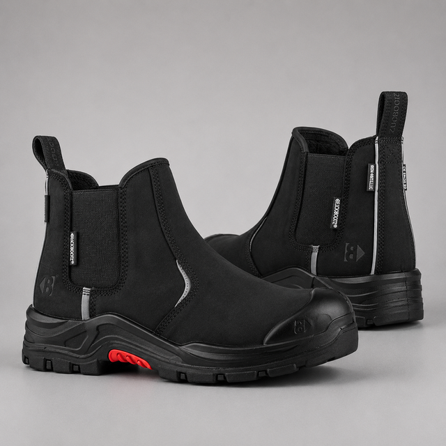 A pair of black Chelsea-style work boots with elastic side panels, a protective toe cap, and a rugged sole, shown on a neutral gray background.