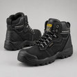 A pair of black high-top safety work boots with silver laces and a yellow and black tongue label, displayed on a neutral gray background.