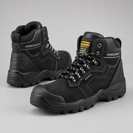 A pair of black high-top safety work boots with silver laces and a yellow and black tongue label, displayed on a neutral gray background.