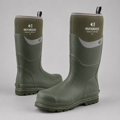 A pair of Buckbootz mid-calf rubber boots in olive green, displayed on a neutral light gray background. One boot is standing upright to show the front branding and side profile, while the other is angled to show the toe and tread.
