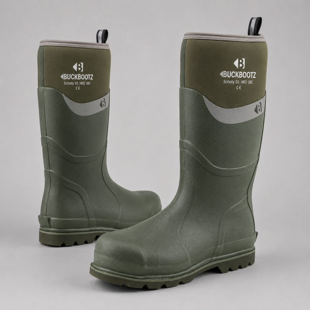A pair of Buckbootz mid-calf rubber boots in olive green, displayed on a neutral light gray background. One boot is standing upright to show the front branding and side profile, while the other is angled to show the toe and tread.