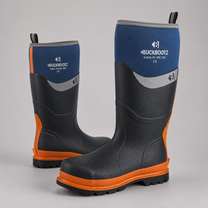 A pair of Buckbootz safety boots in black and blue with bright orange accents on the sides and soles, photographed on a neutral gray background.