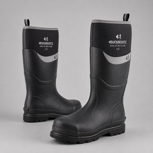 A pair of Buckbootz safety work boots in black rubber with a gray curved accent stripe and white logo branding on the upper shaft, set against a neutral gray background.