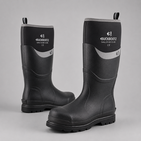 A pair of Buckbootz safety work boots in black rubber with a gray curved accent stripe and white logo branding on the upper shaft, set against a neutral gray background.