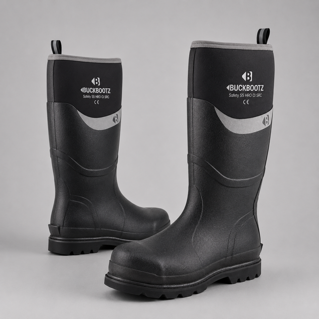 A pair of Buckbootz safety work boots in black rubber with a gray curved accent stripe and white logo branding on the upper shaft, set against a neutral gray background.