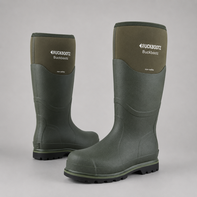 A pair of Duck Bootz Buckboot tall rubber boots in olive green, shown from the front and side against a neutral gray background.