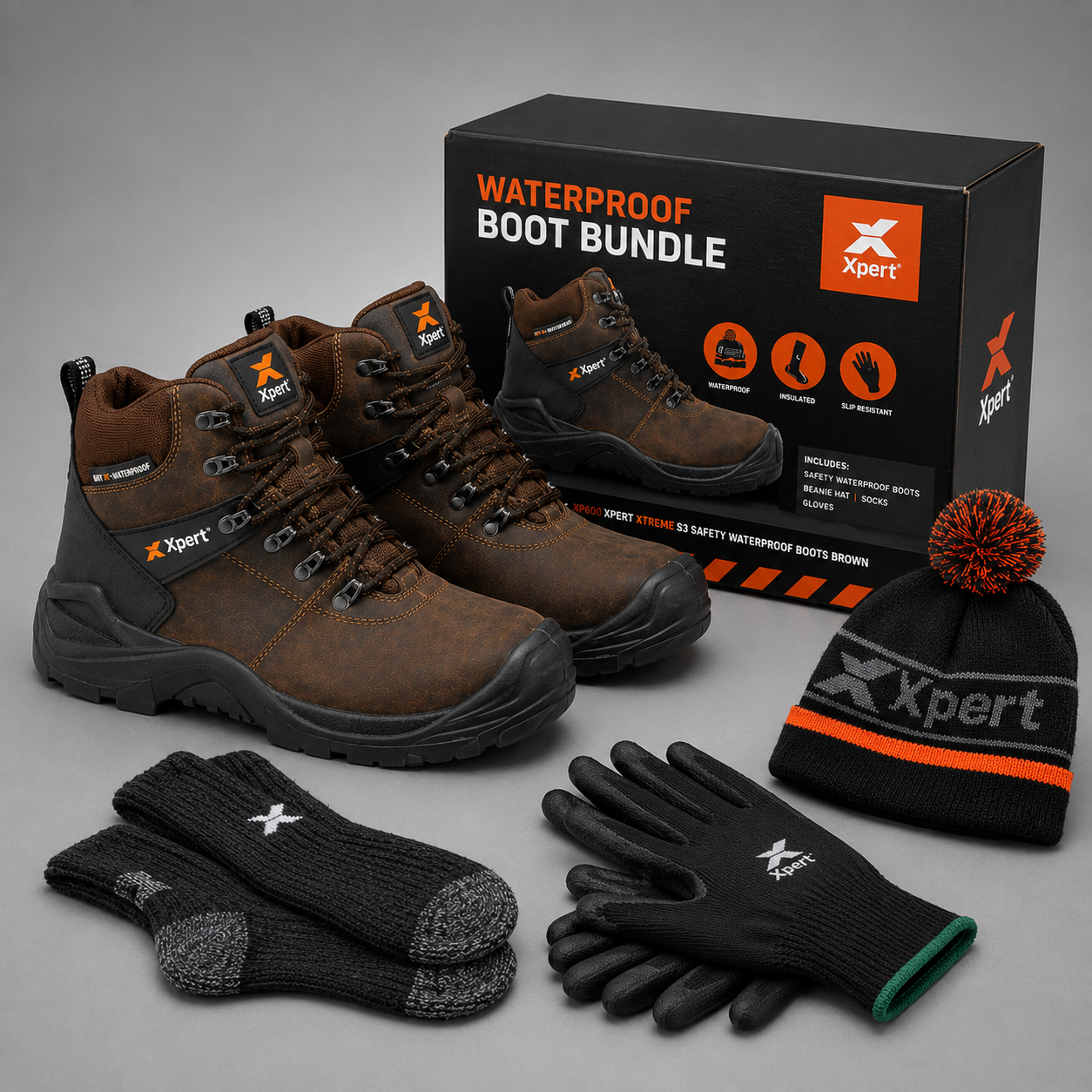 Xpert Typhoon S3 Safety Boot Bundle GGX 2024 – Brown, Waterproof Workwear Gift Set