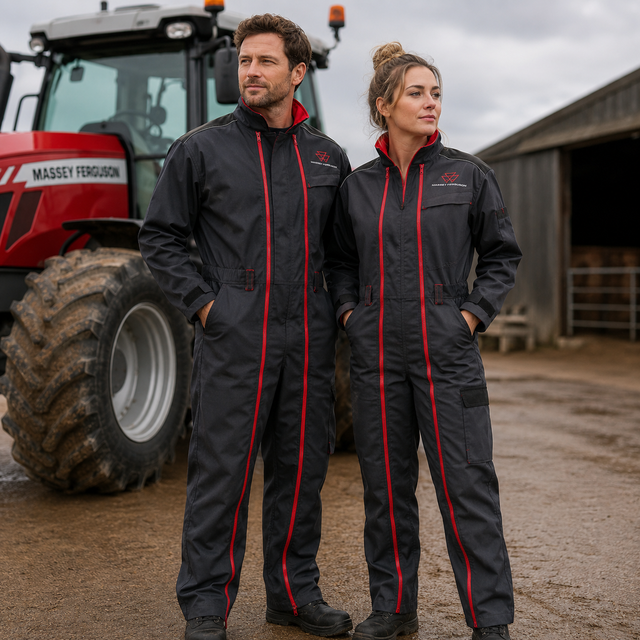 A man and a woman wearing matching dark gray farm work suits with red piping and a red Massey Ferguson logo, standing in front of a red Massey Ferguson tractor on a muddy farm background.