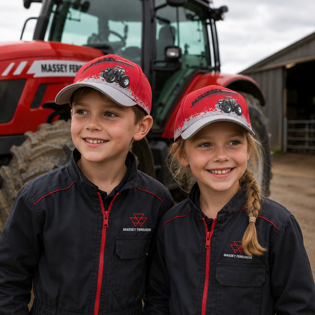 Two children wearing red and gray Massey Ferguson branded baseball caps and matching dark navy work jackets with red zippers, standing in front of a red tractor in an outdoor farm setting.
