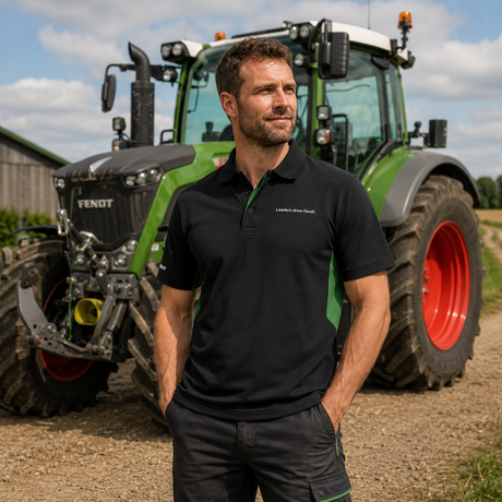 A man wearing a black Fendt polo shirt with green accents stands in front of a green Fendt tractor on a dirt road under a blue sky.