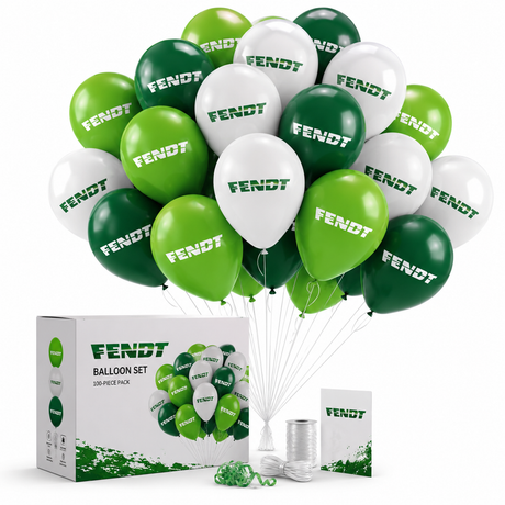FENDT branded balloon set with a box, spool of string, and multiple latex balloons in green, dark green, and white, each printed with the FENDT logo, on a white background.