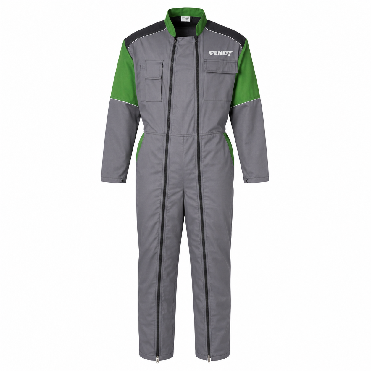A gray full-body work jumpsuit with green sleeves and shoulders, black shoulder panels, and a white VENDY logo on the left chest, shown against a plain white background.
