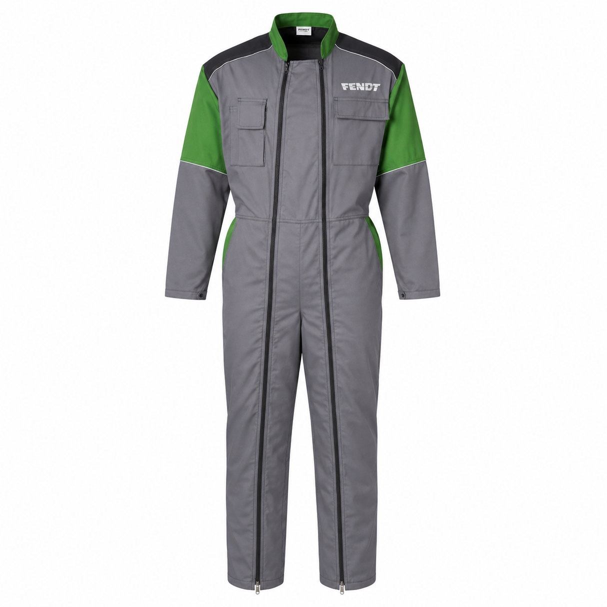 A gray full-body work jumpsuit with green sleeves and shoulders, black shoulder panels, and a white VENDY logo on the left chest, shown against a plain white background.