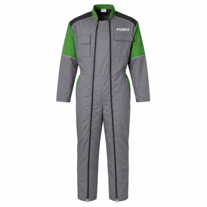 A gray full-body work jumpsuit with green sleeves and shoulders, black shoulder panels, and a white VENDY logo on the left chest, shown against a plain white background.