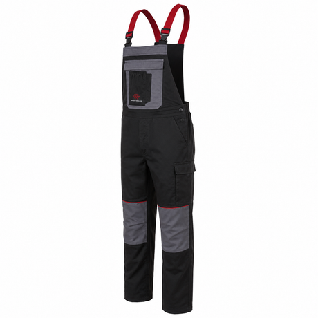 Black and gray work bib overalls with red shoulder straps and red trim details, shown on a plain white background.
