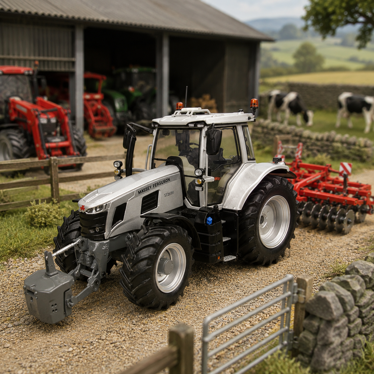 A silver and black tractor with a front attachment is shown in a detailed farm setting with a barn, other tractors, a red plow, and cows in the background.