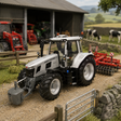 A silver and black tractor with a front attachment is shown in a detailed farm setting with a barn, other tractors, a red plow, and cows in the background.